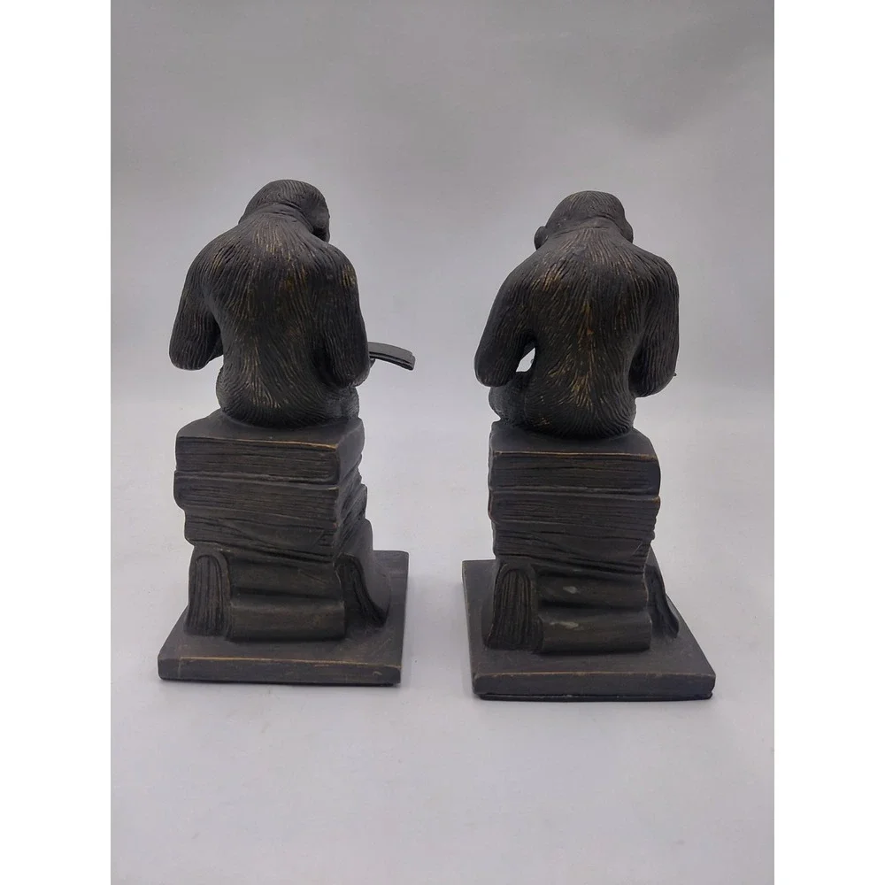Vtg 2 Monkeys Reading Book Bookends The Thinker Ape Nature 7.5